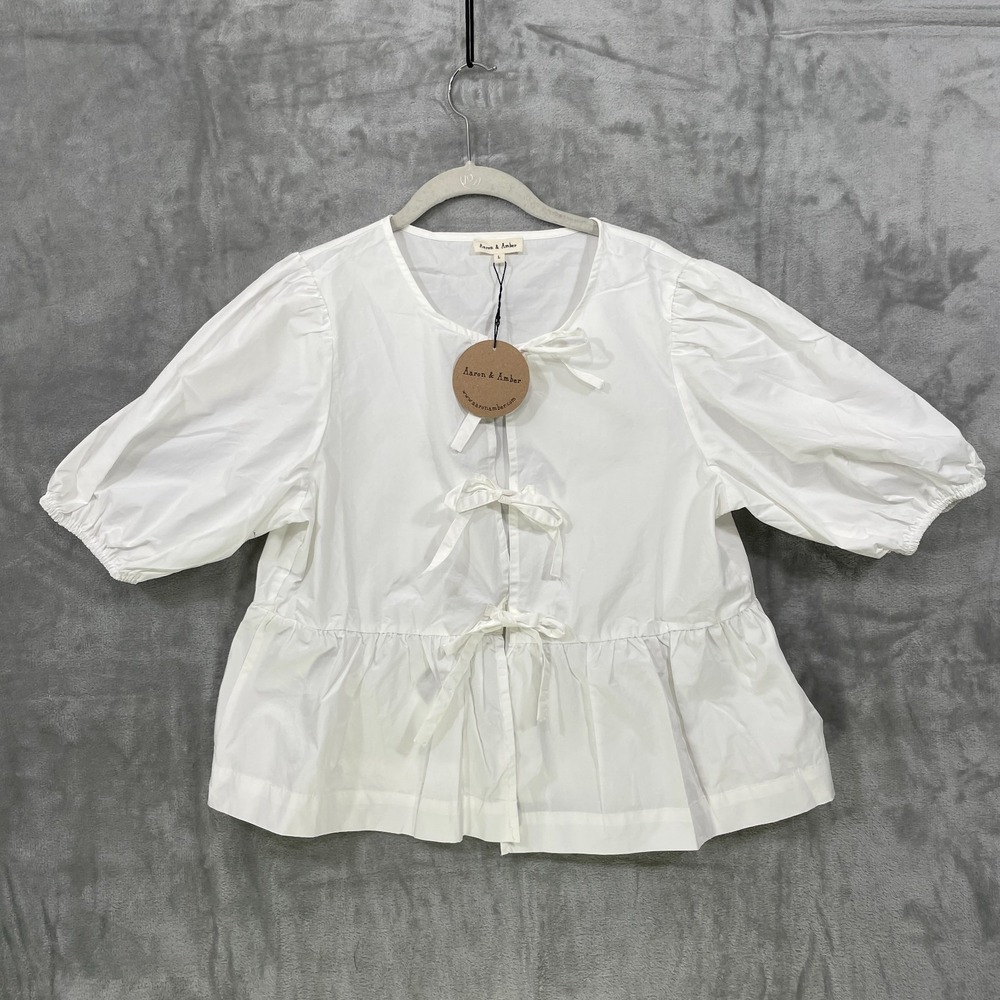 NEW Aaron‎ & Amber Tie Front Peplum Blouse Size Large Cotton Coquette Girly NWT